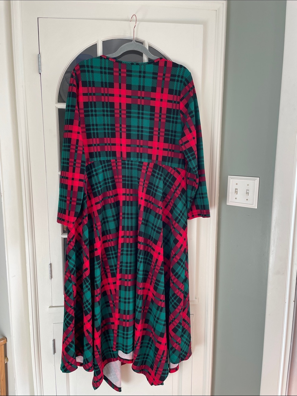 BloomChic Red & Green Plaid Button-Front V-Neck Long Sleeve Dress with Hanky Hem - Picture 3 of 10